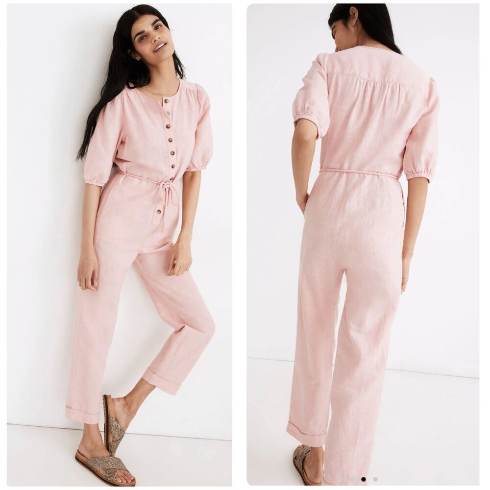 Madewell linen Coverall Jumpsuit Womens Medium Pink Straight Leg Button Down